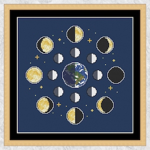 Moon Phases cross stitch pattern, space and astronomy xstitch design, instant download PDF