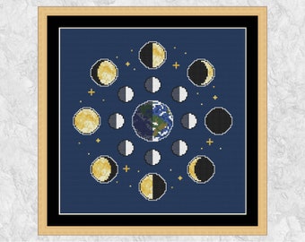 Moon Phases cross stitch pattern, space and astronomy xstitch design, instant download PDF