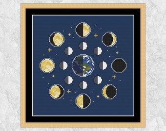 Moon Phases cross stitch pattern, space and astronomy xstitch design, instant download PDF