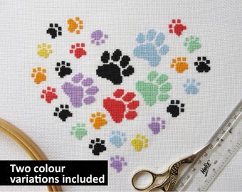 Paw print heart cross stitch pattern, modern gift for dog lover, cat owner, rainbow bridge, pet memorial, girl, boy, baby, animal chart, PDF