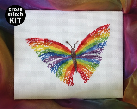 Rainbow butterfly cross stitch kit, modern embroidery kit, make your own craft, summer gift, needlework - includes full instructions