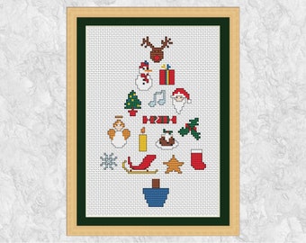 Christmas cross stitch pattern, xmas tree made of small seasonal motifs, mini card designs counted xstitch, printable instant download PDF