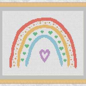 Boho Rainbow cross stitch pattern, rainbow and hearts easy cross stitch design, instant download PDF