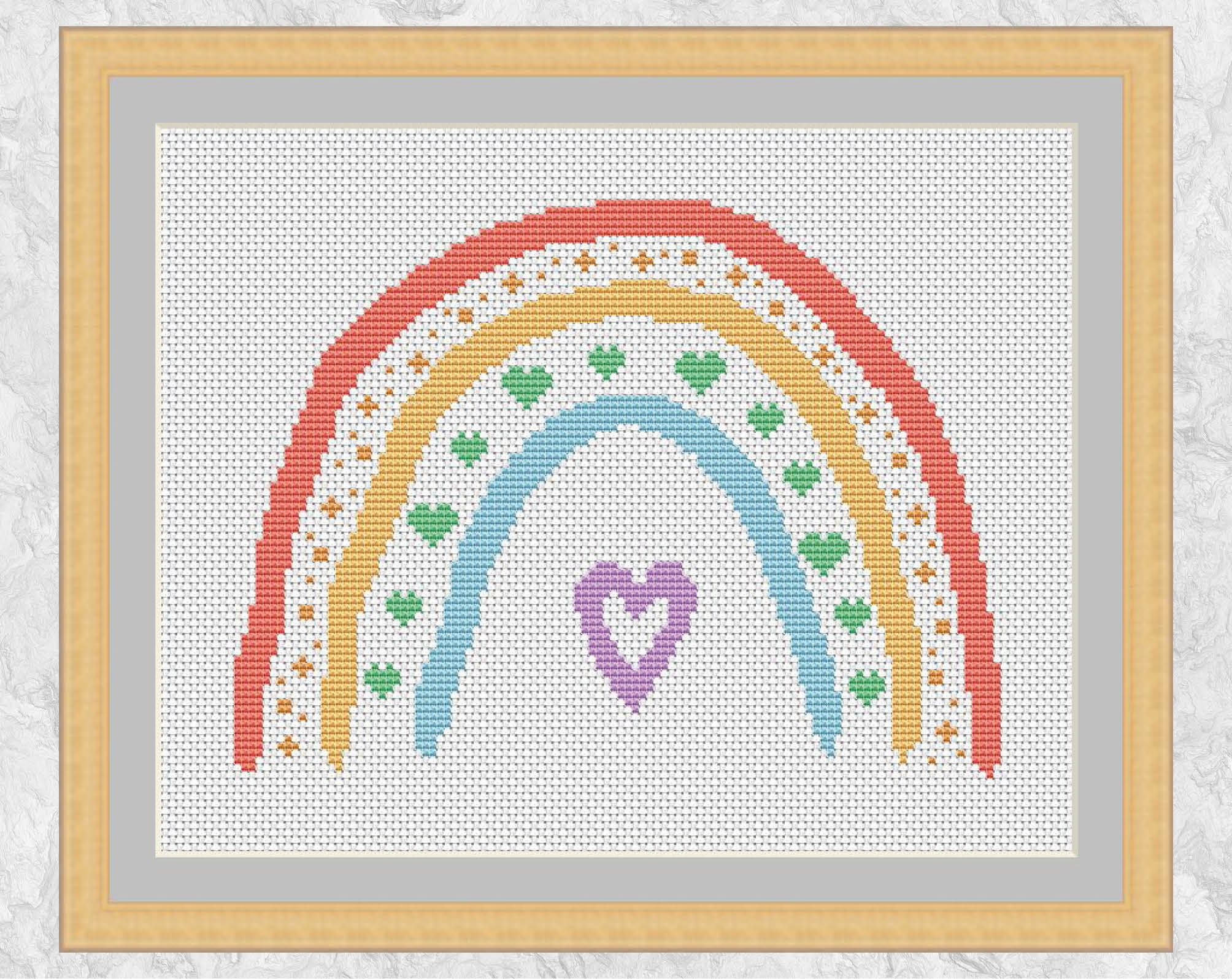 Boho Rainbow Cross Stitch Pattern, Rainbow and Hearts Easy Cross Stitch  Design, Instant Download PDF 
