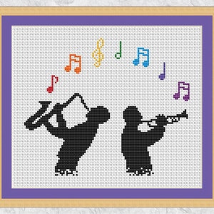 Schema punto croce musica jazz, grafico silhouette musicista stampabile, sassofono, tromba, arcobaleno, note musicali, PDF facile, download immediato