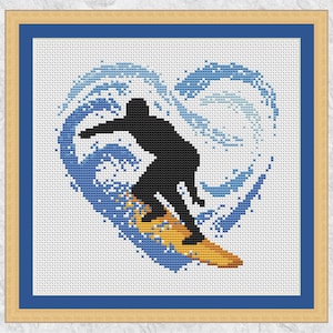 Può includere: Uno schema di punto croce di un surfista che cavalca un'onda a forma di cuore. L'onda è blu e bianca, e il surfista è nero. Lo schema è perfetto per un principiante nel punto croce.