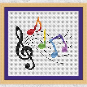 Music cross stitch pattern, rainbow musical notes, hoop art, fun easy design, instant download PDF image 2