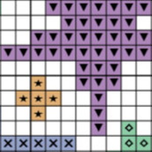 Puede incluir: Un patr&oacute;n de punto de cruz que presenta un &aacute;rbol estilizado con una copa morada y un tronco verde. El dise&ntilde;o incluye varias otras formas en verde, azul y naranja, sobre un fondo de cuadr&iacute;cula blanca. Adecuado para proyectos de bordado.