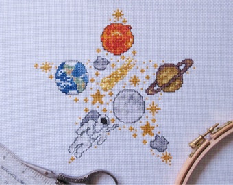 Space Star cross stitch pattern (astronaut version); astronomy, stars, planets, moon & astronaut counted cross stitch chart; printable PDF