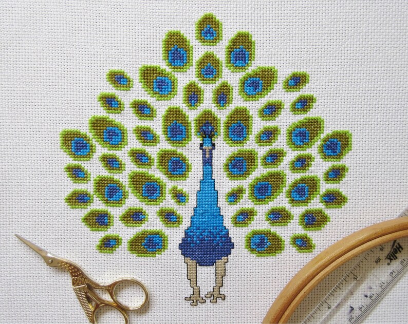 Peacock cross stitch pattern stylised bird counted xstitch ...