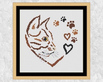 Cat Heart cross stitch pattern, paw prints, gift for cat or kitten lover, simple quick counted cross stitch, instant download PDF