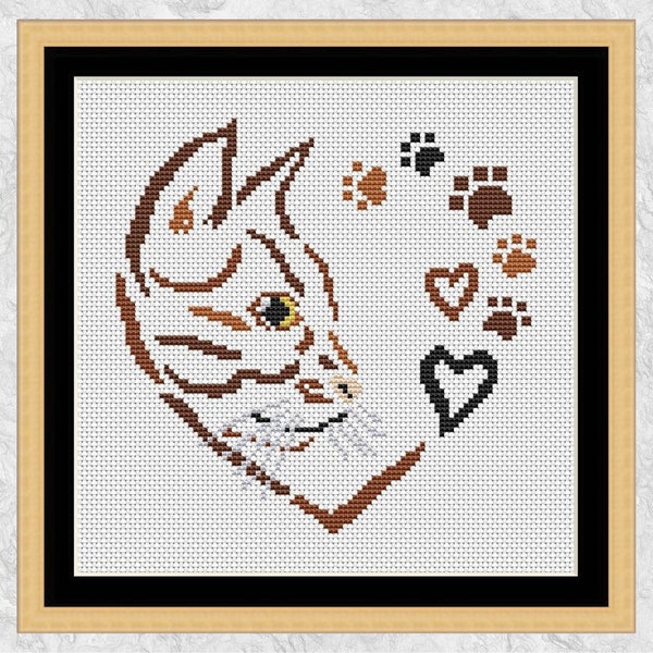 Cat Heart cross stitch pattern, paw prints, gift for cat or kitten lover, simple quick counted cross stitch, instant download PDF
