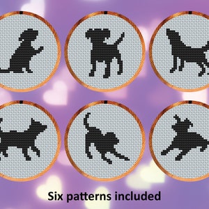 Chiens Silhouettes motifs de point de croix, ensemble de six mini motifs pour cartes ou ornements, téléchargement instantané PDF