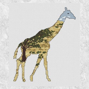 Giraffe cross stitch pattern, modern wildlife safari animal counted cross stitch chart PDF, African plains, tree, savanna, jungle, zoo image 2