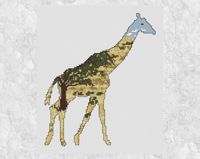 Giraffe cross stitch pattern, modern wildlife safari animal counted cross stitch chart PDF, African plains, tree, savanna, jungle, zoo image 2