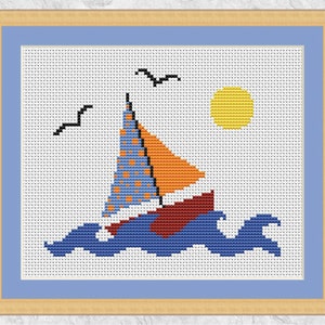 Boat cross stitch pattern, sailing counted cross stitch, sailboat, yacht, sea, lake, sun spring summer, easy, simple, printable chart, PDF image 1