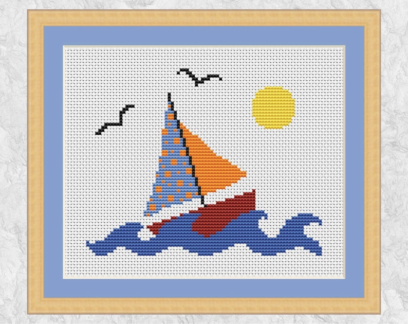 Boat cross stitch pattern, sailing counted cross stitch, sailboat, yacht, sea, lake, sun spring summer, easy, simple, printable chart, PDF image 1