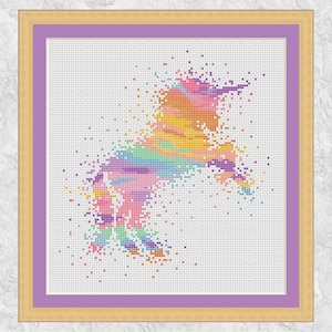 Watercolour unicorn cross stitch pattern, modern rainbow unicorn counted cross stitch chart, pastel colours, pink, purple, fantasy magic PDF