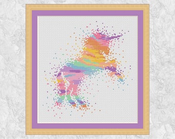 Watercolour unicorn cross stitch pattern, modern rainbow unicorn counted cross stitch chart, pastel colours, pink, purple, fantasy magic PDF