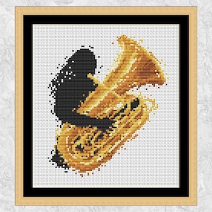 May include: A cross-stitch pattern of a gold and black tuba, with the tuba's bell facing the viewer. The tuba is depicted in a stylized, abstract way, with the gold color representing the brass of the instrument and the black color representing the shadows.