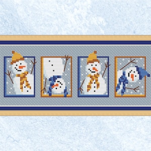 Set sneeuwpoppen kruissteekpatroon - steek als één afbeelding of afzonderlijk als kerstkaarten of cadeaukaartjes - direct downloaden PDF