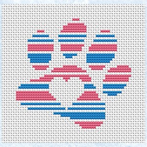 May include: A cross stitch pattern with a design of three pink and blue striped hearts.