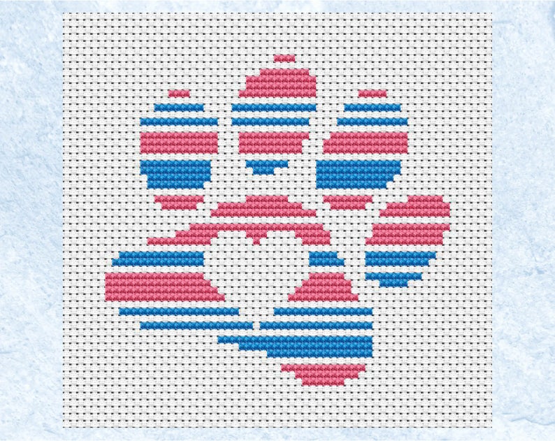 May include: A cross stitch pattern with a design of three pink and blue striped hearts.