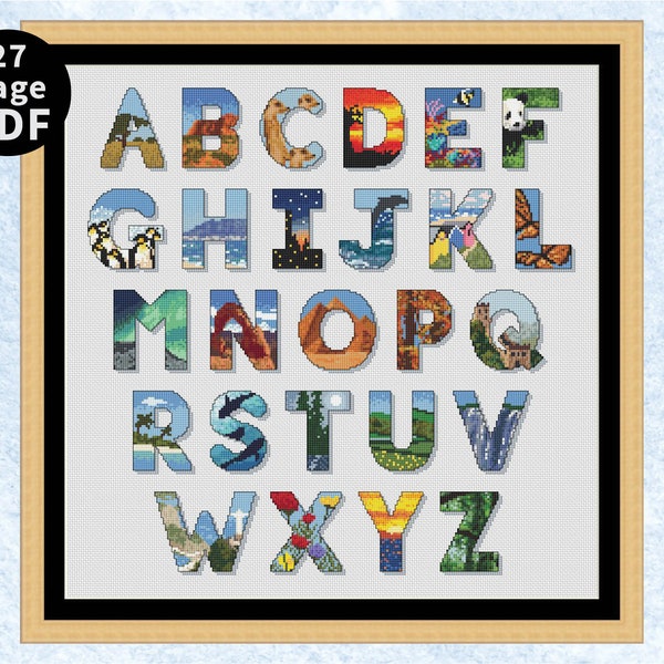 Alphabet cross stitch pattern, Explore the World Alphabet ABC complete chart, personalise your own name or text, instant download PDF