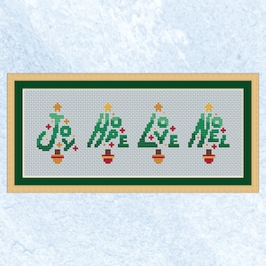 Patrón de punto de cruz con palabras navideñas y árboles de Navidad - coser como una sola imagen o por separado como tarjetas o etiquetas de regalo - descarga instantánea en PDF