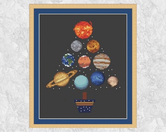 Planets Christmas Tree cross stitch pattern, fun design for astronomy and space enthusiasts, instant download PDF