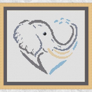 May include: A cross-stitch pattern of an elephant's head in a heart shape with blue, yellow, and grey accents.