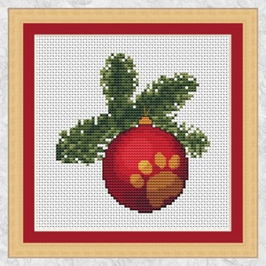 Christmas cross stitch pattern, paw print xmas design, Christmas tree and bauble, chart for dog and cat lovers, fun xmas hoop art, PDF image 2