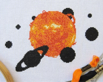 Solar system cross stitch pattern, sun, planets, Saturn, stars astronomy, galaxy, night sky, realistic, science physics, printable PDF chart