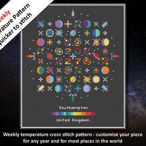Könnte beinhalten: Ein Kreuzstichmuster auf dunkelgrauem Hintergrund mit bunten Himmelsmotiven, die kreisförmig um die Zahlen 2027 angeordnet sind. Der Text lautet Southampton und United Kingdom, mit einer Regenbogen-Farbskala am unteren Rand.