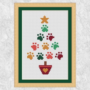 Weihnachtskarte Kreuzstichvorlage, Paw Print Weihnachtsbaum, lustige einfache Karte für Hunde- oder Katzenliebhaber, sofortiger Download PDF