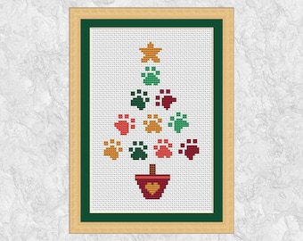 Christmas card cross stitch pattern, Paw Print Christmas Tree, fun easy chart for dog or cat lover, instant download PDF