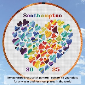 Temperature cross stitch pattern - Rainbow Temperature Heart - customise your piece for any year and most places in the world