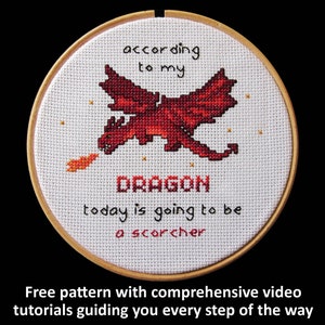 May include: A white embroidery hoop with a red dragon design and the text "according to my DRAGON today is going to be a scorcher".