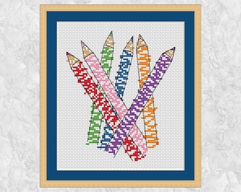 Counted cross stitch pattern, teacher gift, colouring pencils, crayons, child, rainbow, hobby, adult coloring, funny, modern printable PDF