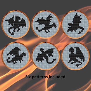 Dragon Silhouettes cross stitch patterns, set of six mini patterns for cards or ornaments, instant download PDF
