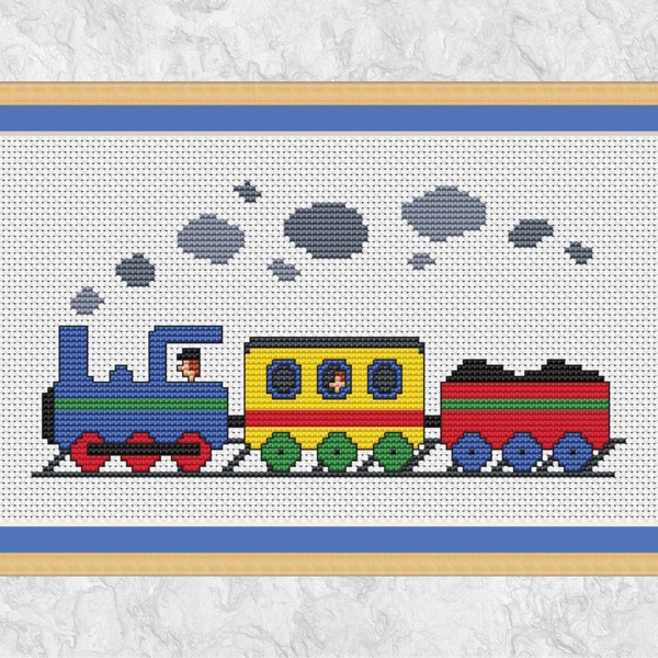 Steam train cross stitch pattern PDF, printable counted cross stitch chart, modern, boy, girl, locomotive, engine, vehicle, carriages