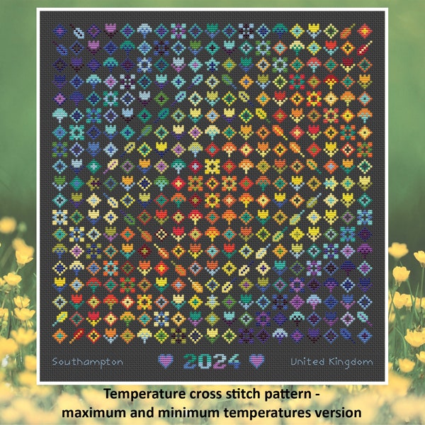 Temperature cross stitch pattern - Rainbow Temperature Garden - maximum and minimum temperatures version
