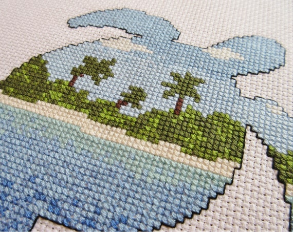 タートルクロスステッチキット、ビーチ刺繍キット、モダンな砂漠の島の