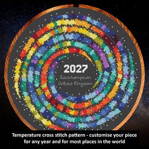 Può includere: Un progetto a punto croce circolare in un telaio di legno con un vivace motivo a spirale multicolore su sfondo grigio scuro. Il centro mostra il testo bianco 2027, Southampton, United Kingdom, circondato da piccoli punti bianchi.
