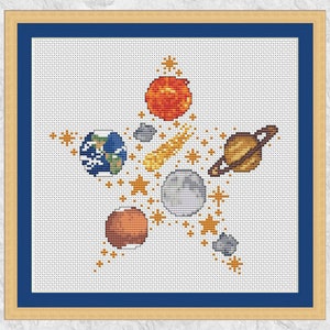Space Star-kruissteekpatroon (versie van het zonnestelsel); astronomie, sterren, planeten, maan en Mars telpatroon; downloadbare pdf