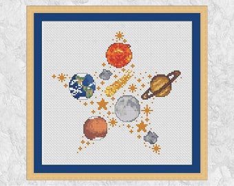 Space Star cross stitch pattern (Solar System version); astronomy, stars, planets, moon & Mars counted cross stitch chart; downloadable PDF