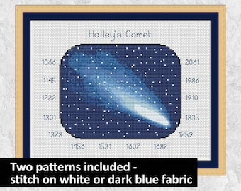 Astronomy cross stitch pattern, printable PDF space chart, stars, night sky, Halley's comet, solar system, physics, science teacher gift