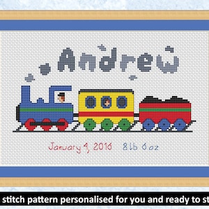 Birth sampler cross stitch pattern, custom cross stitch, personalized steam train chart, customised, baby christening, boy, girl, child, PDF