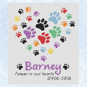 Pet memorial custom cross stitch pattern, personalised rainbow bridge paw prints chart, complete patterns emailed to you ready to stitch image 2