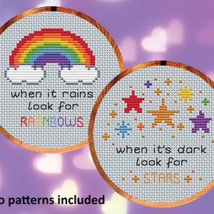 Uplifting quote mini cross stitch patterns, When It Rains Look For Rainbows and When It's Dark Look For Stars, instant download PDF